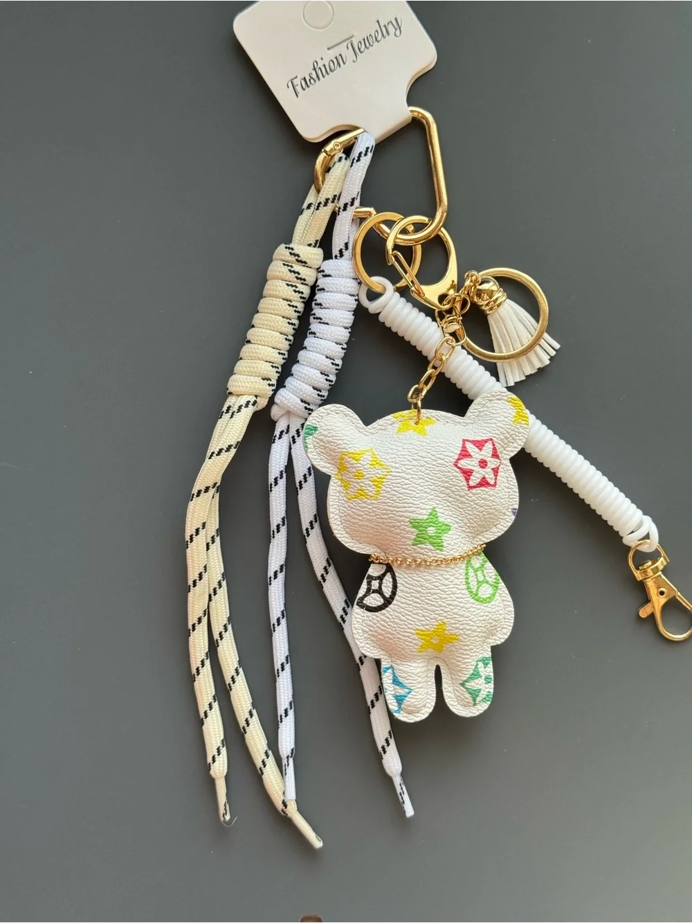 White Floral Print Bear Keychain Bag Charm Gold Accent Coordinating Cord NWT